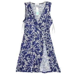 Kaileigh Seanna Faux Wrap Knit Dress XL Navy Blue Floral V Neck Knee Length